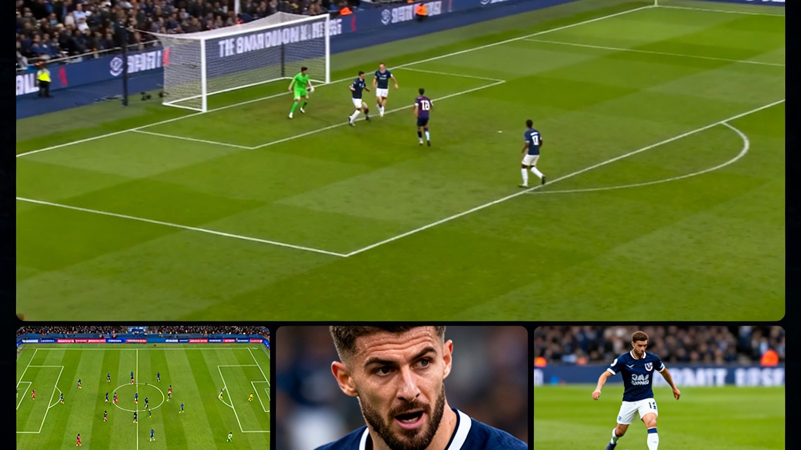 看球直播高清直播中心界面，展示一场英超比赛的多机位画面，包含主视角、战术俯瞰视角和球员特写镜头，画质清晰流畅。
